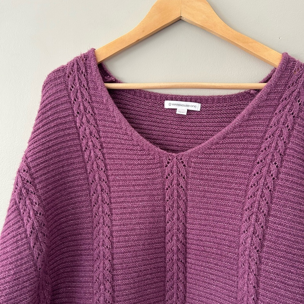 Warehouse One 3X/4X Purple V-Neck Cable Knit Sweater - Picture 6 of 6